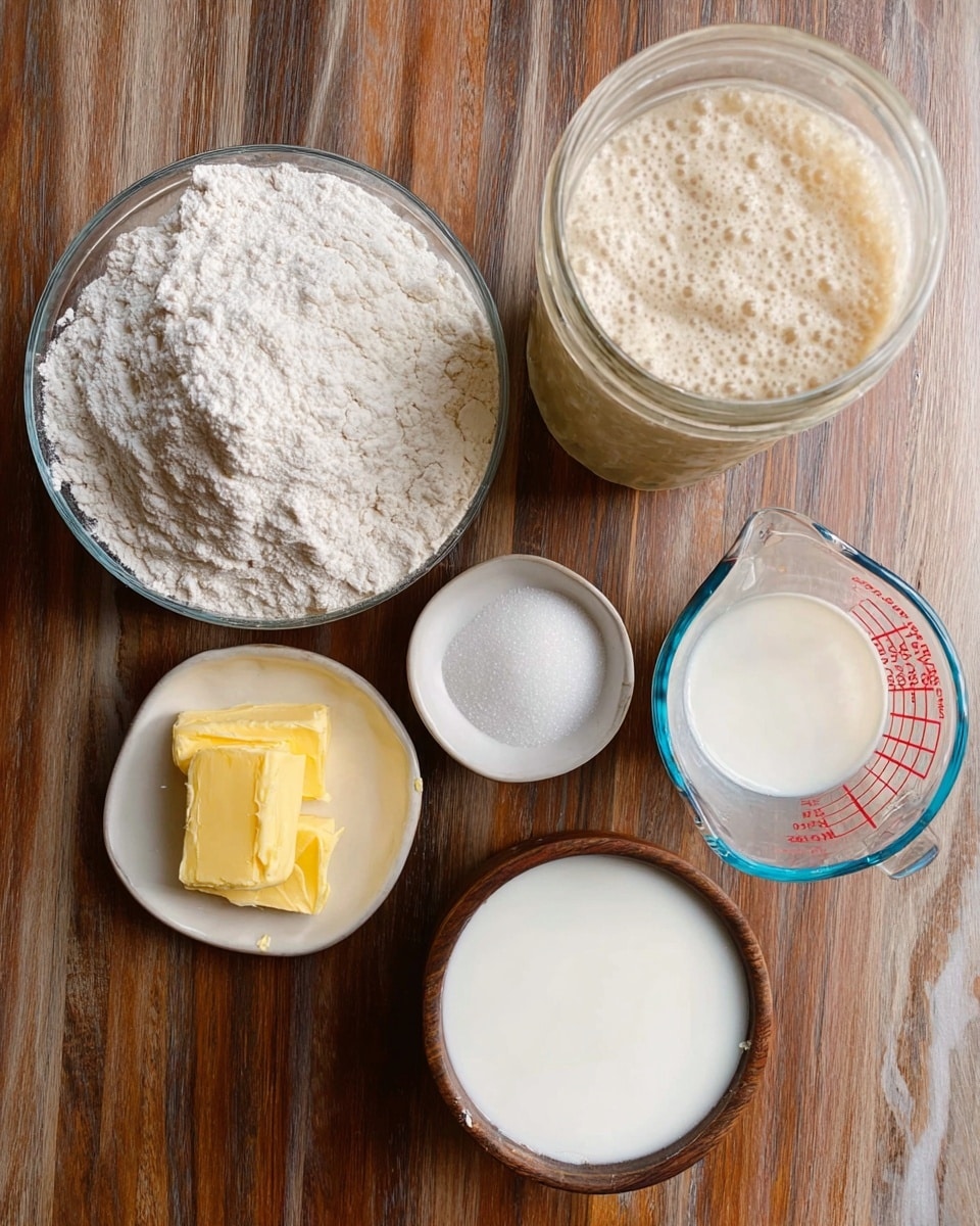 A clear glass bowl filled with a large pile of white flour is positioned at the bottom left. Above it, a small white bowl holds granulated sugar, showing a light grain texture. To the right of the sugar, a small clear glass bowl contains two yellow pats of butter. To the far right, a glass measuring cup with a blue rim and red markings is filled with a white liquid, likely milk. Behind the butter and milk, a tall clear glass jar is filled with a beige, bubbly sourdough starter, with visible air bubbles on top. At the bottom right, a small round brown wooden bowl holds white salt. All items are set on a wooden surface replaced by white marbled texture in the image. Photo taken with an iphone --ar 4:5 --v 7