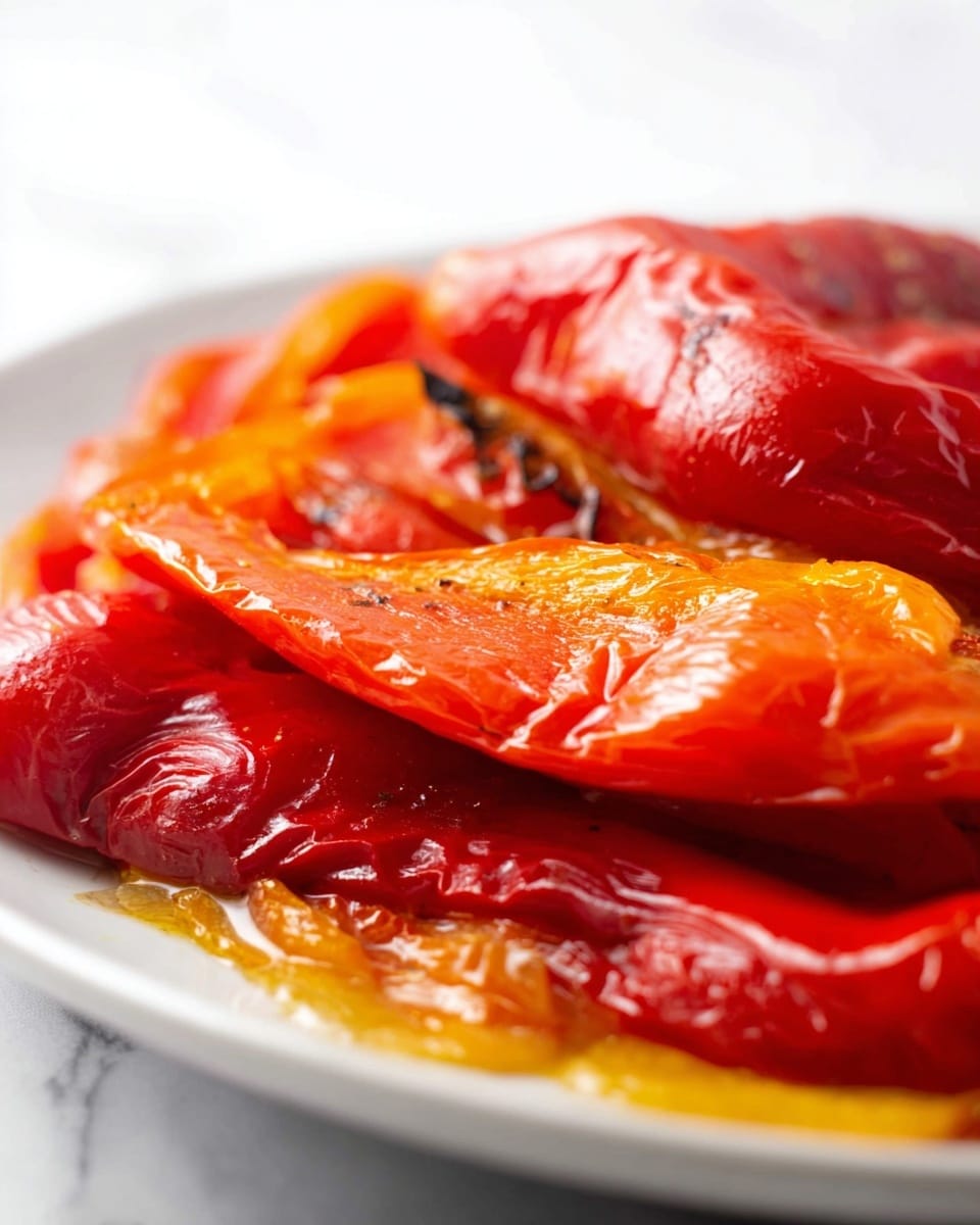 A close-up view of three roasted red peppers layered on a white plate. The top layer is a shiny, wrinkled red pepper skin with soft texture and some slight char marks. The middle layer shows another red pepper with a smoother, slightly glossy surface, holding a rich red-orange color. The bottom layer is partially visible with bits of soft, cooked pepper flesh glistening with oil or juice, creating a wet look near the edges. The background is blurred and the plate sits on a white marbled surface. photo taken with an iphone --ar 4:5 --v 7