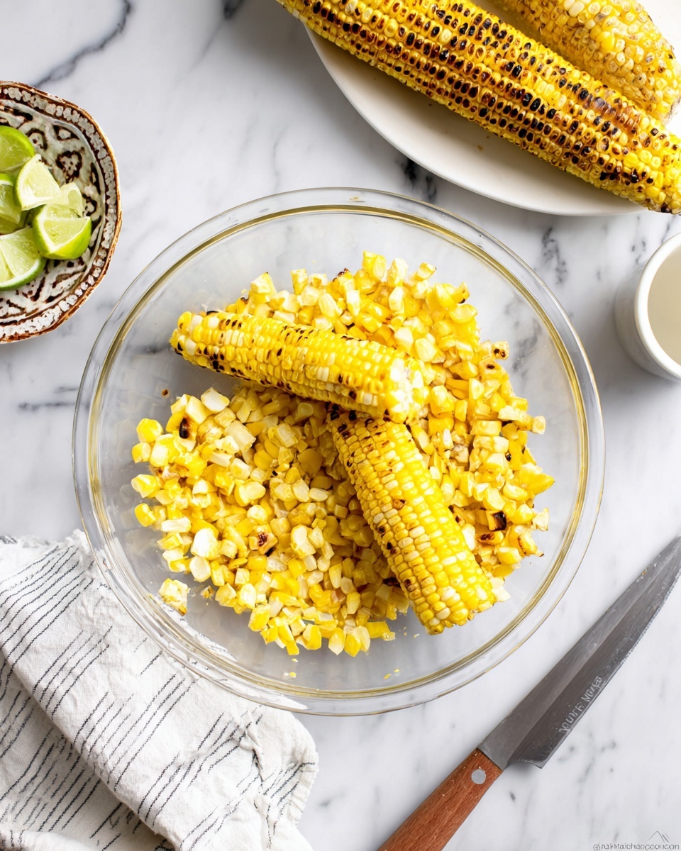 A clear glass bowl sits on a white marbled surface, filled with bright yellow corn kernels, some with dark grill marks, and three corn cobs stripped of most kernels resting inside the bowl. To the right of the bowl lies a knife with a silver blade and a smooth brown wooden handle. Above the bowl, part of a white plate holds a grilled corn on the cob with dark grill spots. To the upper right, there is a small decorative ceramic dish containing lime wedges, and a white ceramic cup partially visible. A white cloth with thin black stripes is draped beneath the bowl on the left side. photo taken with an iphone --ar 4:5 --v 7