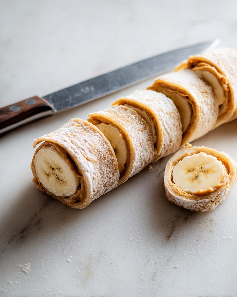 The image shows a rolled wrap sliced into six equal pieces, each piece revealing a cross-section of a whole banana wrapped inside a layer of light brown peanut butter and a slightly toasted, thin tortilla. The roll has a soft textured surface, dusted lightly with white flour. Two slices are placed separately to the right, displaying the banana's pale yellow inside with faint star patterns in the center. A knife with a dark handle lies below the slices on a smooth white marbled surface. Photo taken with an iphone --ar 4:5 --v 7