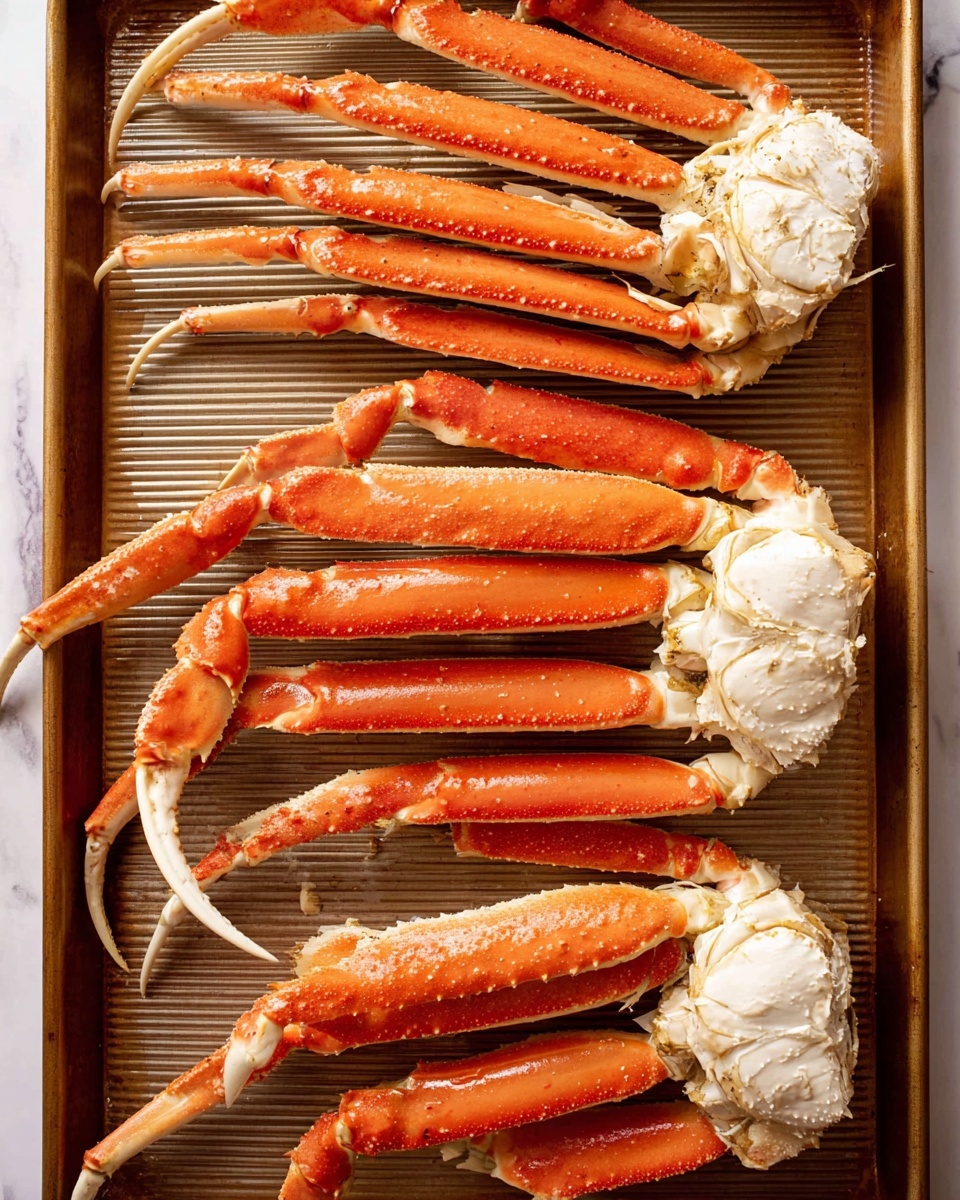 The image shows four large bright orange crab legs with pale white joint sections, laid out horizontally and stacked on top of each other on a brown ribbed baking tray. Each crab leg has a curved shape with pointy claw tips on the right and thick white shells on the left. The texture of the crab legs is slightly rough with small bumps, and the claws are pointed with spikes at the ends. The surface under the baking tray is a white marbled texture. photo taken with an iphone --ar 4:5 --v 7