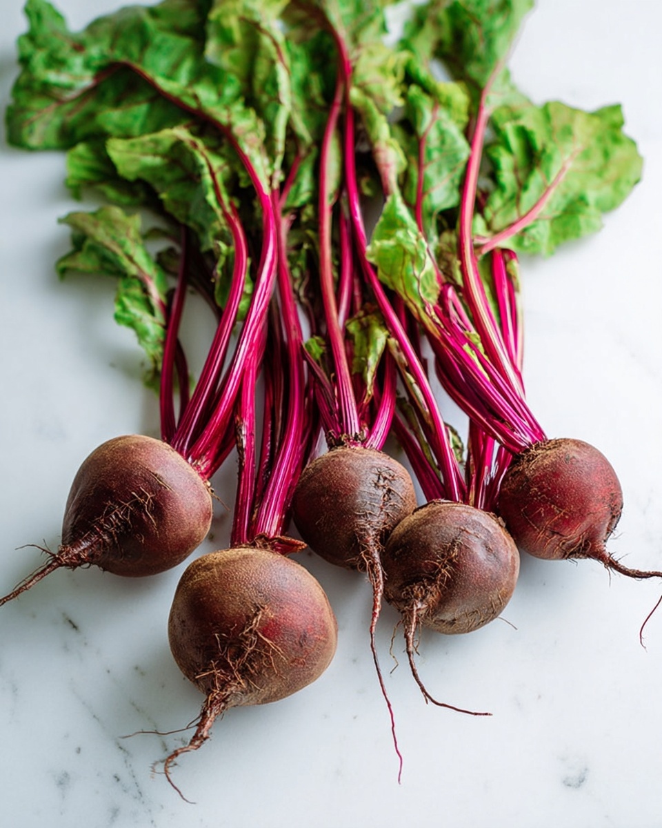 Five small beets lie side by side on a white marbled surface. Each beet has a round, rough brownish-red root with bright purple-red stems extending from it. The stems lead to fresh, green leafy tops that spread out unevenly towards the foreground. The overall look is fresh and natural, showing the details of the beet roots' texture and the vivid colors of the stems and leaves. Photo taken with an iphone --ar 4:5 --v 7