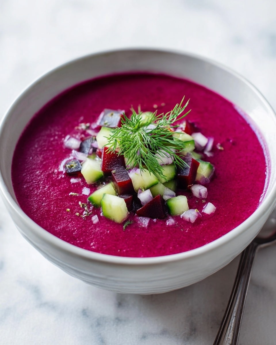 A white ceramic bowl filled with a thick, bright purple beet soup is shown from above. The soup is smooth with a vibrant color and topped with small, irregular pieces of light green cucumber and dark purple beet chunks placed mostly in the center. There is a small sprig of fresh green dill on top of the vegetables. A large silver spoon is visible at the top right edge of the bowl, ready to scoop the soup. The bowl rests on a white marbled surface with some green herbs blurred in the background. photo taken with an iphone --ar 4:5 --v 7