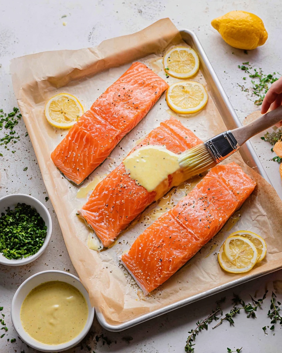 Three pieces of raw salmon fillets with a bright orange color and smooth texture are placed on parchment paper over a baking tray. Two fillets have black pepper sprinkled on top while the middle fillet has a pale yellow creamy sauce being brushed onto it with a brush held by a woman's hand. There are thin lemon slices arranged on the baking tray near the salmon. Around the tray, there are small white bowls with chopped green herbs and creamy sauce, on a white marbled surface scattered with some herb leaves. Photo taken with an iphone --ar 4:5 --v 7