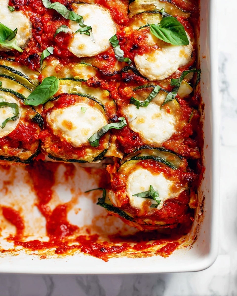 A square white baking dish filled with a layered vegetable lasagna, showing about four layers. The bottom layers have green zucchini slices and melted white cheese mixed with a rich red tomato sauce. The top layer has round dollops of white melted cheese and more red tomato sauce with bright green basil leaves scattered on top. The sauce looks thick and a little chunky, and some sauce has spilled on the inside edges of the dish. The background has a white marbled texture. photo taken with an iphone --ar 4:5 --v 7