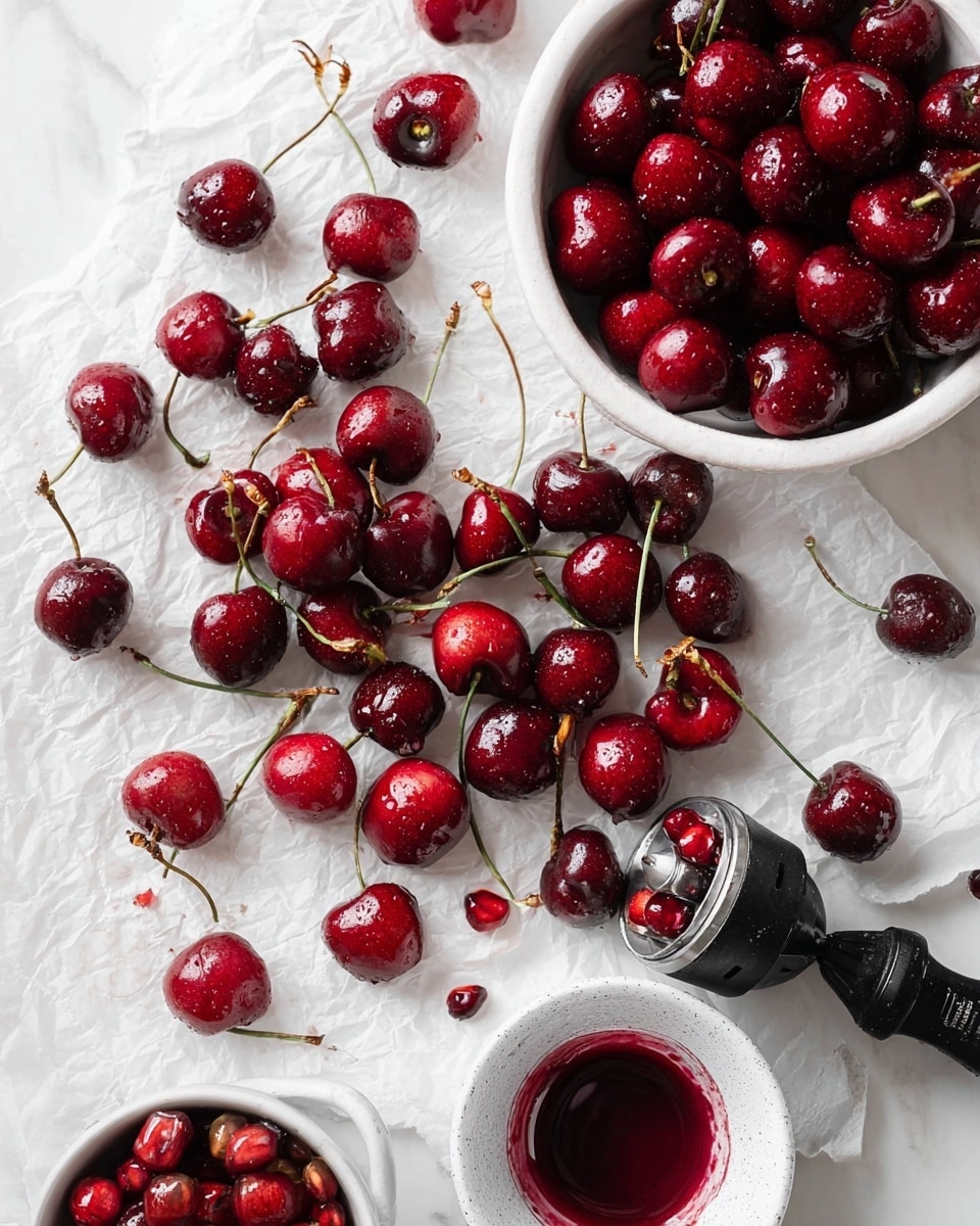 A white plate holds a soft, creamy white cheese spread with a slightly uneven texture, covered in a layer of golden olive oil that pools gently around it. On the right side of the plate, a few deep red cherries with shiny, smooth skins add a pop of color. Cracked black pepper is sprinkled across the cheese, adding small dark specks. Nearby, a white bowl filled with glossy, dark red cherries on small stems sits above the plate, all placed on a white marbled surface. Pieces of light, crusty bread rest to the right and bottom edges of the image. Photo taken with an iphone --ar 4:5 --v 7