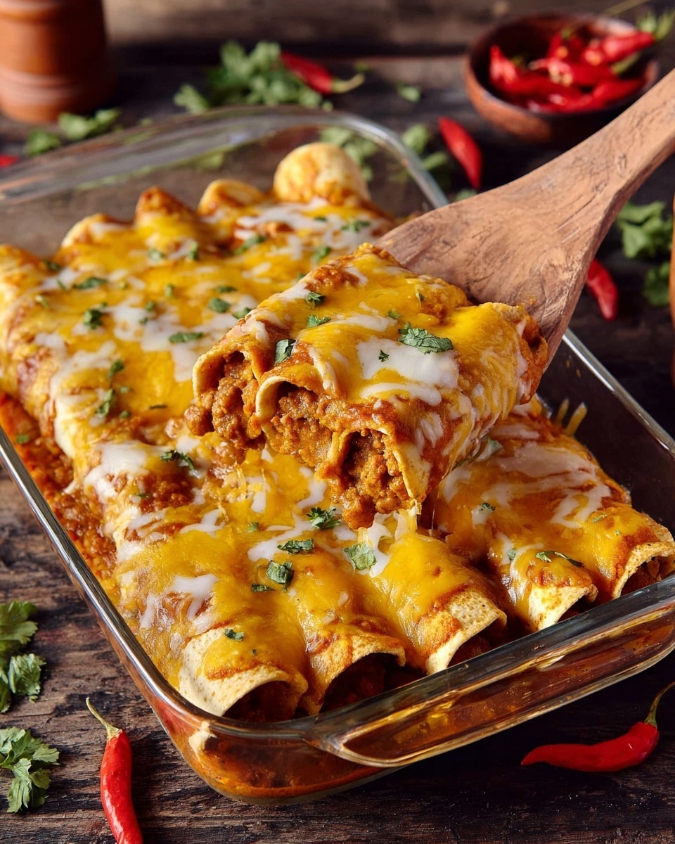 The dish shows a clear glass baking dish filled with four rolled tortillas placed side by side, each covered in a rich, reddish-brown sauce. On top, there is a thick layer of melted golden yellow cheese that drips and spreads unevenly over the tortillas, with white cream sauce drizzled over the cheese in thin lines. Bright green chopped herbs are sprinkled generously across the top, adding fresh contrast to the warm colors. The dish sits on a rustic wooden board, which rests on a white marbled textured surface. A red chili is placed near the top edge of the frame, and some green herbs are seen on the left side in the background, adding a fresh and spicy feel to the presentation. Photo taken with an iphone --ar 4:5 --v 7
