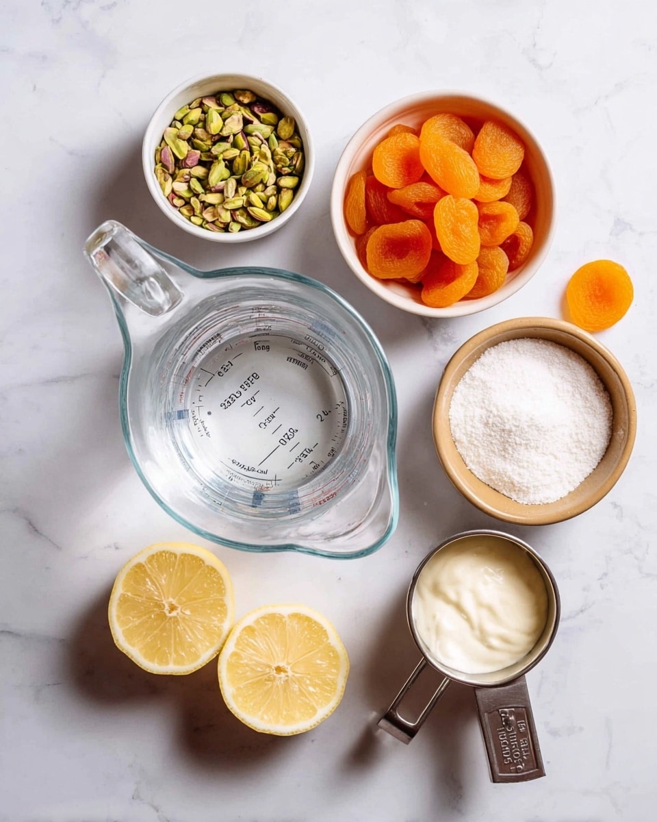 The image shows six different ingredients arranged on a white marbled surface. At the top left, a small white bowl holds green pistachios. Next to it, a white bowl is full of bright orange dried apricots, with one apricot placed beside the bowl. To the right, a tan bowl contains white granulated sugar with a metal measuring cup inside. In the center, a glass measuring cup is filled with clear water. Below it, two lemon halves are placed with the cut sides facing up, showing the yellow and white inside. To the right bottom, a metal measuring cup holds a creamy white ingredient. photo taken with an iphone --ar 4:5 --v 7