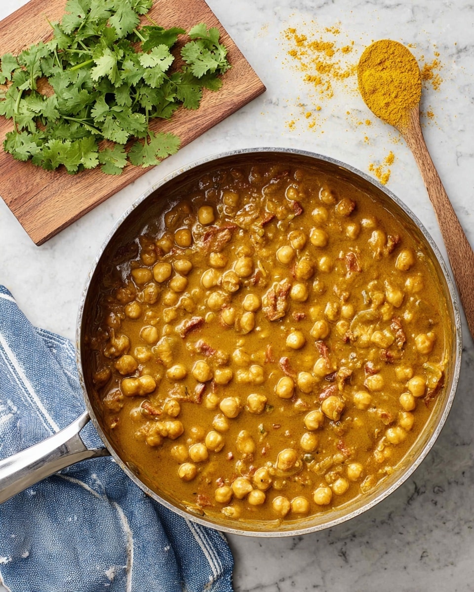 A close-up view of a shiny metallic pan filled with thick yellow-brown curry that has many pale round chickpeas and small pieces of reddish-brown meat evenly spread throughout. The pan sits on a white marbled surface. On the top left, a small square wooden cutting board holds fresh bright green cilantro leaves with stems. To the right, a wooden spoon rests on the surface with yellow curry powder scattered around it. A blue and white striped cloth is partially visible under the pan handle at the bottom left. photo taken with an iphone --ar 4:5 --v 7