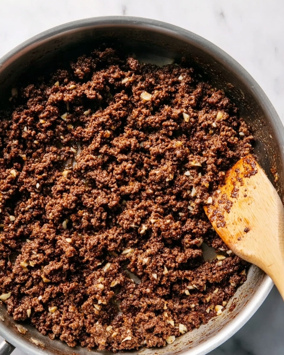 A close-up view of cooked ground beef in a round metal pan, showing small browned meat pieces mixed with finely chopped garlic or onion bits. The meat has a crumbly texture with a dark brown color, and there is a wooden spatula resting inside the pan on the right side, partly covered with bits of cooked meat. The pan's shiny metal surface contrasts with the rich textures of the cooked meat. The image is taken from above, focusing on the cooked mixture in the pan, placed on a white marbled surface. photo taken with an iphone --ar 4:5 --v 7