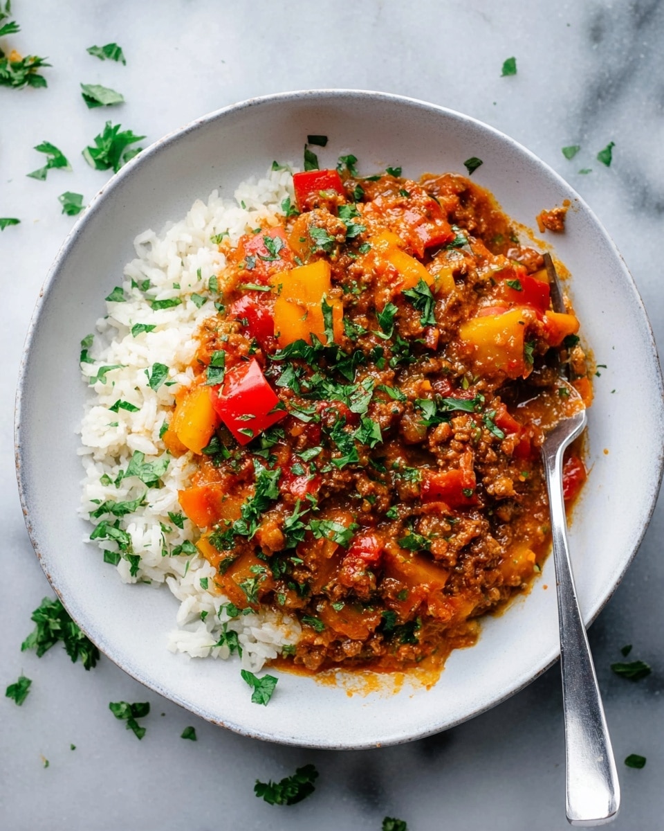 A white bowl with a layer of white rice at the bottom covering half the bowl, topped with a thick stew made of brown minced meat and chunks of red and yellow bell peppers mixed in a rich orange sauce, sprinkled with chopped green herbs. A silver fork rests partially in the stew and rice. The bowl sits on a white marbled surface with some green herb pieces scattered around. photo taken with an iphone --ar 4:5 --v 7