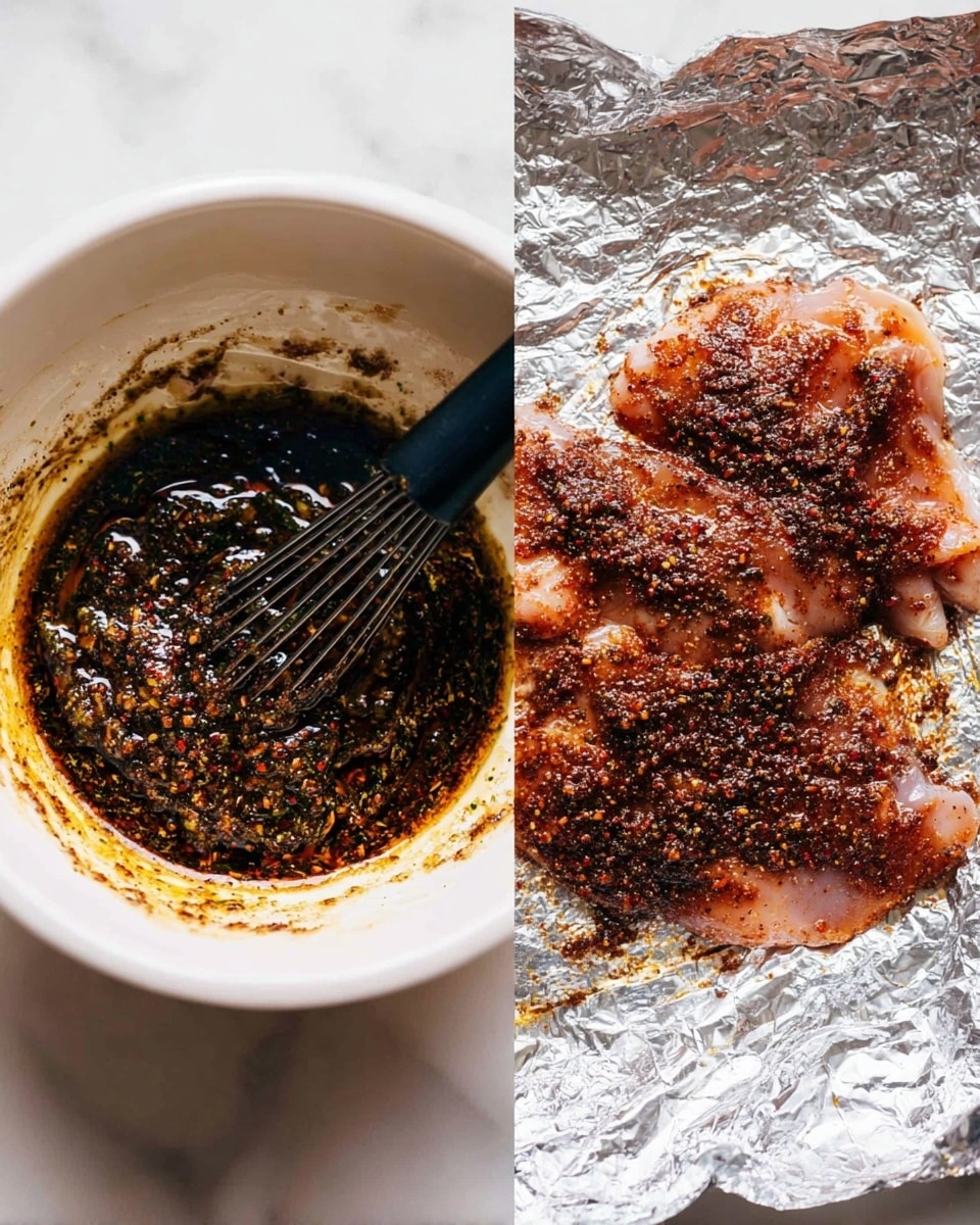 Two images side by side on a white marbled surface. On the left, a white bowl holds a dark, textured mix of herbs and spices swirling with oil, creating a shiny, thick paste with black and red tones. A black whisk is partly submerged in this mixture, showing motion and texture. On the right, a raw piece of chicken spread out on crinkled aluminum foil, covered unevenly with the same dark spice paste, adding a reddish-brown, gritty layer over the pale pink meat. The contrast between the glossy spice mix on the left and the raw meat sprinkled with it on the right is clear. photo taken with an iphone --ar 4:5 --v 7