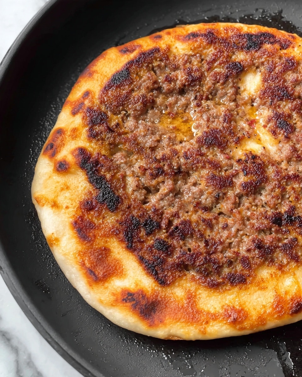 A small round flatbread forms the base layer, golden-brown and slightly puffed around the edges with a soft texture. On top is an uneven layer of cooked ground meat, spread to cover almost the entire flatbread. The meat is browned with a mix of darker and lighter spots, showing a juicy, slightly oily surface with small bits and seasoning visible. The flatbread and meat rest on a dark pan, which contrasts with the food's warm colors, and the background shows a white marbled texture. The photo taken with an iphone --ar 4:5 --v 7