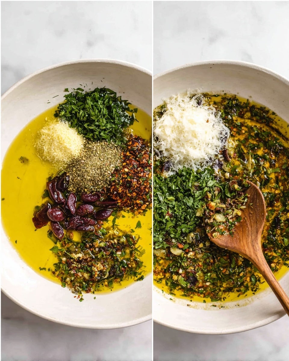 Two images show a white round plate on a white marbled surface. The first image shows six different ingredients in separate piles arranged in a circle on a base of golden yellow oil. Clockwise from top right is a white pile of finely grated cheese with a soft texture, next to it is a small pile of finely minced garlic with a pale yellow color, then a pile of chopped fresh green herbs, followed by chopped green olives, a small pile of crushed dried herbs with a brownish-gray color, and finally chopped dark red olives. The second image shows the ingredients mixed together into the oil forming a textured blend of green, brown, yellow, and red colors with visible herb and olive pieces. A wooden spoon rests inside the plate spreading the mixture. Photo taken with an iphone --ar 4:5 --v 7