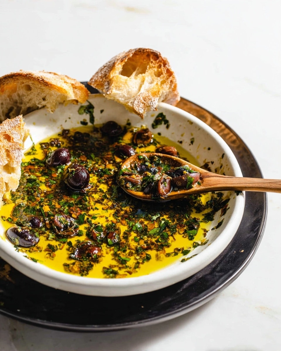 A white bowl sits on a dark plate with a white marbled surface underneath, filled partly with a golden yellow oily sauce mixed with small dark chopped olives and green herbs scattered throughout. A wooden spoon rests inside the bowl, scooping up some of the chopped ingredients, while pieces of torn, crusty bread with a brown, textured outer crust lean against the bowl's edge. The photo shows a close-up view with soft light highlighting the shiny texture of the oil and herbs photo taken with an iphone --ar 4:5 --v 7