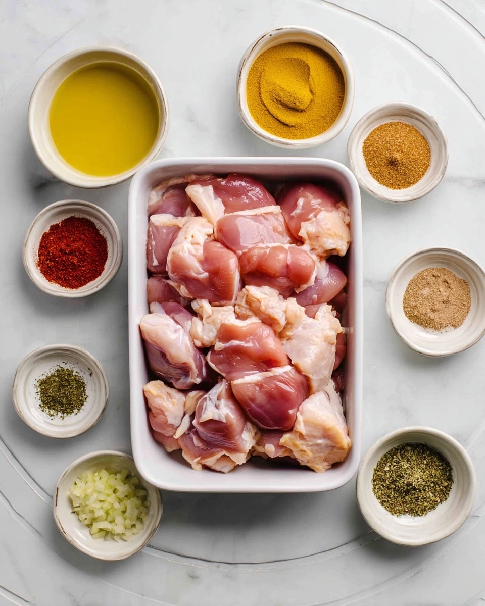 A white rectangular dish filled with an even layer of raw pink chicken pieces with white fat, surrounded by small white bowls, each holding different ingredients: bright yellow mustard, red paprika powder, light brown spice powder, brown liquid, herbs, minced garlic, lemon zest, lemon juice, and salt. The setting is on a white marbled surface with a subtle circular pattern. photo taken with an iphone --ar 4:5 --v 7