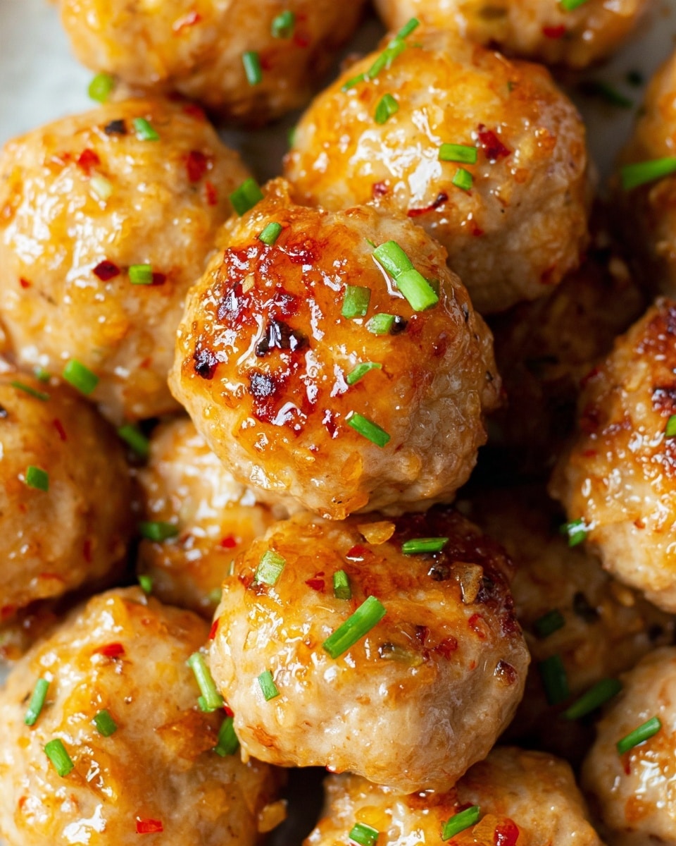 A close-up image shows a group of golden-brown meatballs with a shiny glaze on top. Each meatball is speckled with small green chives and red pepper flakes, giving them a textured look with bits of seasoning. The meatballs appear juicy with a slightly rough but moist surface. They sit close together on a background of white marbled texture. The light reflects softly off the glaze, highlighting the uneven and delicious-looking surfaces of the meatballs. photo taken with an iphone --ar 4:5 --v 7