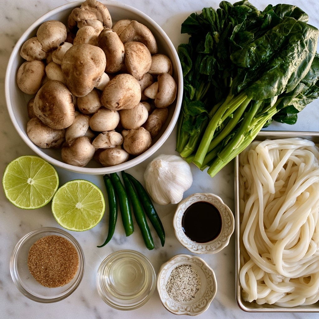 A flat lay of fresh cooking ingredients arranged neatly on a white marbled surface includes a large white bowl filled with round brown mushrooms, a bunch of dark green Chinese broccoli leaves with thick stems placed to the right, two halves of a bright green lime cut open, a whole white bulb of garlic, three long green chilies placed near the garlic and limes, a small clear glass bowl with brown sugar, a small decorative white bowl with dark soy sauce, a small clear bowl with light neutral oil, a small decorative white bowl with fine white pepper powder, and a metal tray holding thick, white udon noodles. All ingredients are spaced apart clearly with labels indicating each item. Photo taken with an iphone --ar 4:5 --v 7