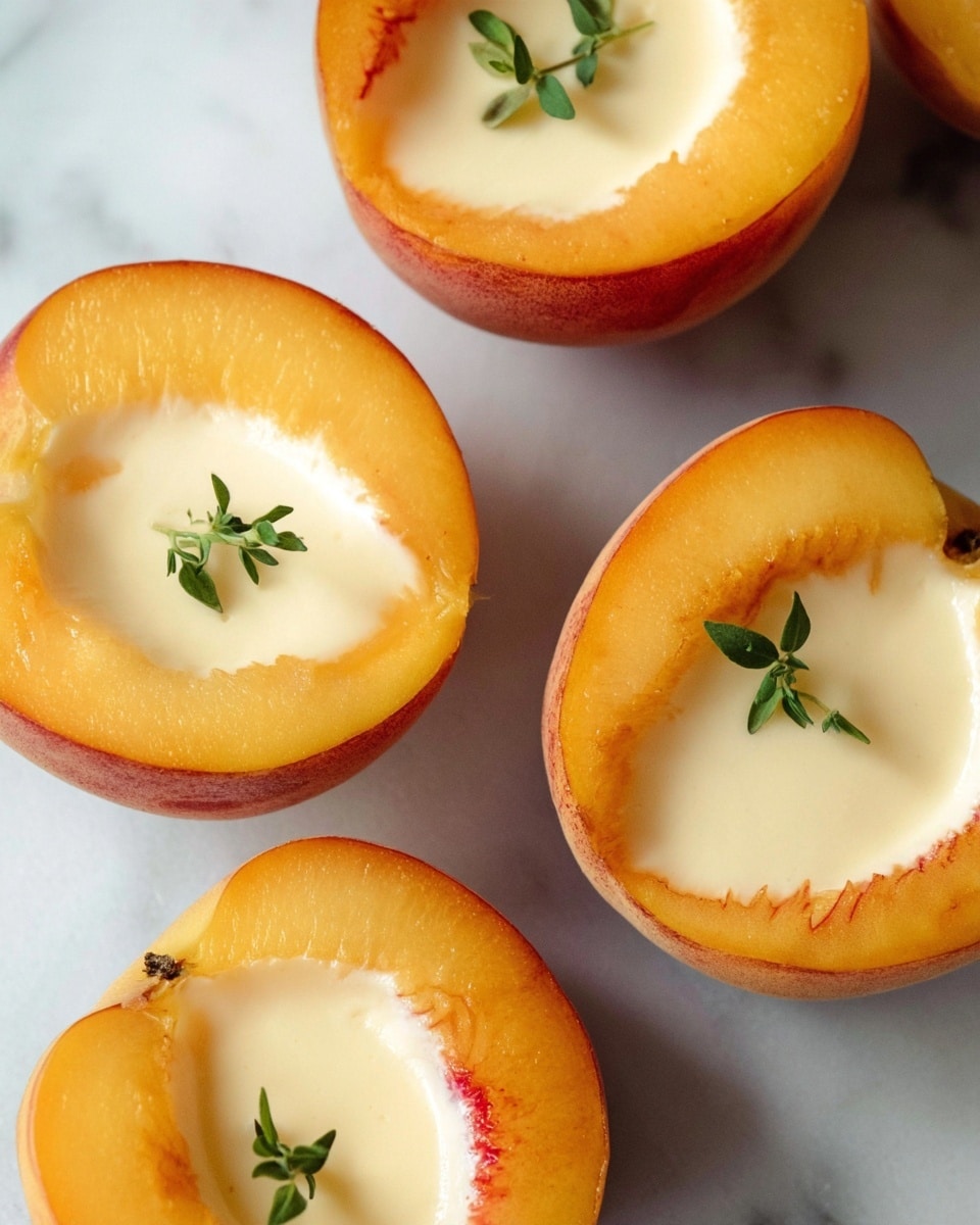 The image shows four halved peaches with their pits removed, each filled with a smooth, creamy white custard-like filling that reaches just below the peach edges. A small fresh green herb sprig sits on top of the creamy layer in each peach half, adding a touch of color contrast. The peaches have a warm orange tone with a slightly glossy texture, and their natural curves create unique shapes. They rest directly on a white marbled surface, bright and clean, with soft shadows enhancing the depth. The overall look is fresh and elegant. photo taken with an iphone --ar 4:5 --v 7