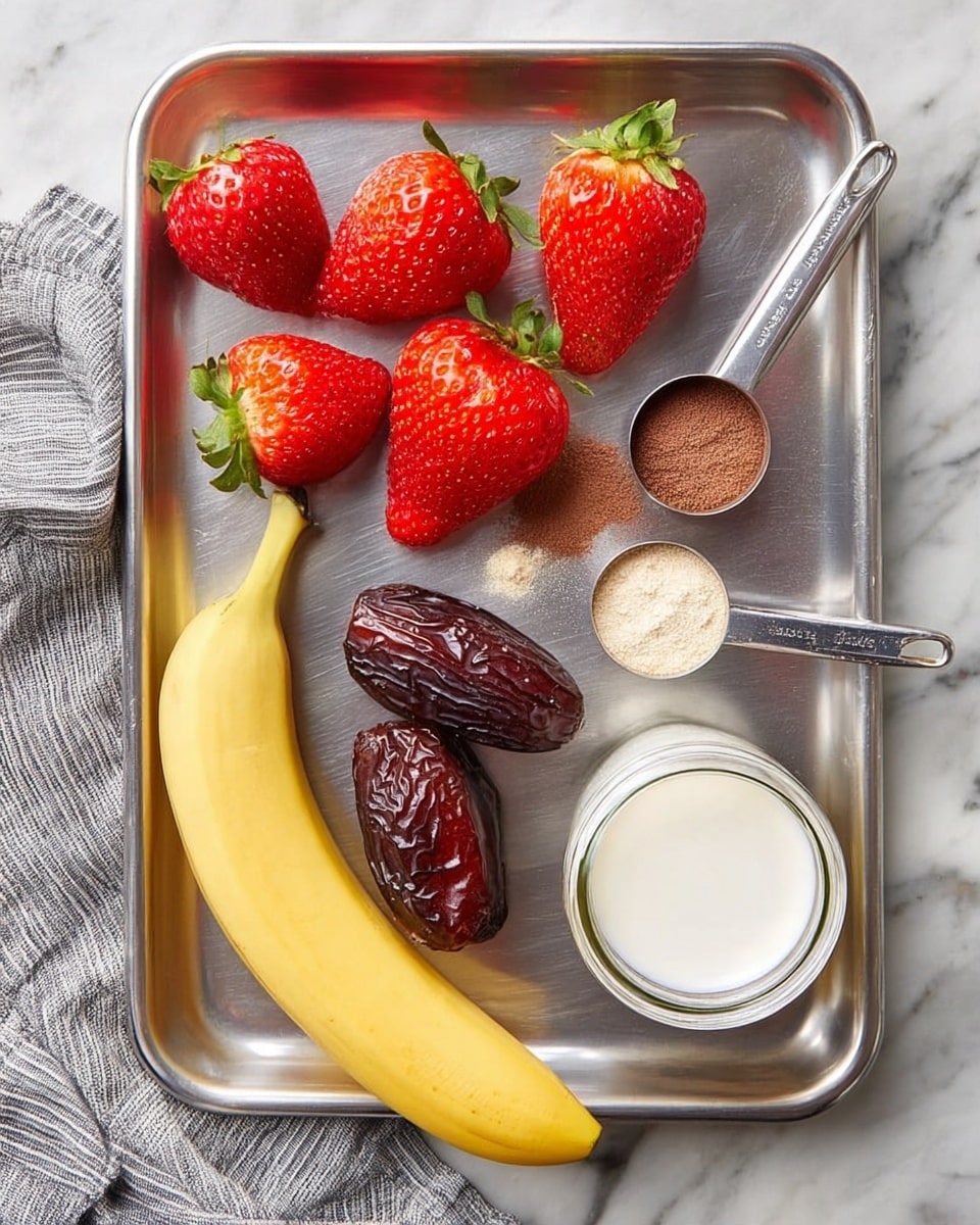 A metal tray holds seven bright red strawberries, some whole and some sliced in half, showing their juicy interior on the left side. Below them, a yellow banana sticks out horizontally near the bottom left corner. Two dark brown dates sit in the middle, above a small glass jar filled with white milk near the bottom right. Above the dates are two silver measuring spoons; the left one holds a white powder and the right one holds a light brown powder. A striped gray cloth is partly visible at the bottom left corner. The tray rests on a white marbled surface. Photo taken with an iphone --ar 4:5 --v 7
