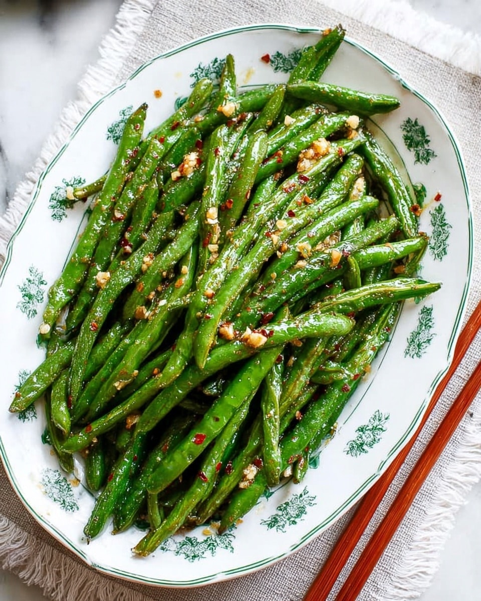 The image shows a white plate with a green floral pattern filled with bright green cooked green beans. The green beans are layered thickly, covering the entire plate, and are sprinkled with small bits of chopped garlic and red chili flakes. The green beans look shiny and slightly wrinkled, showing they are cooked but still firm. The plate is set on a white marbled surface with a light gray fringed cloth underneath. On the right side of the plate, there is a set of wooden chopsticks resting on the surface. photo taken with an iphone --ar 4:5 --v 7