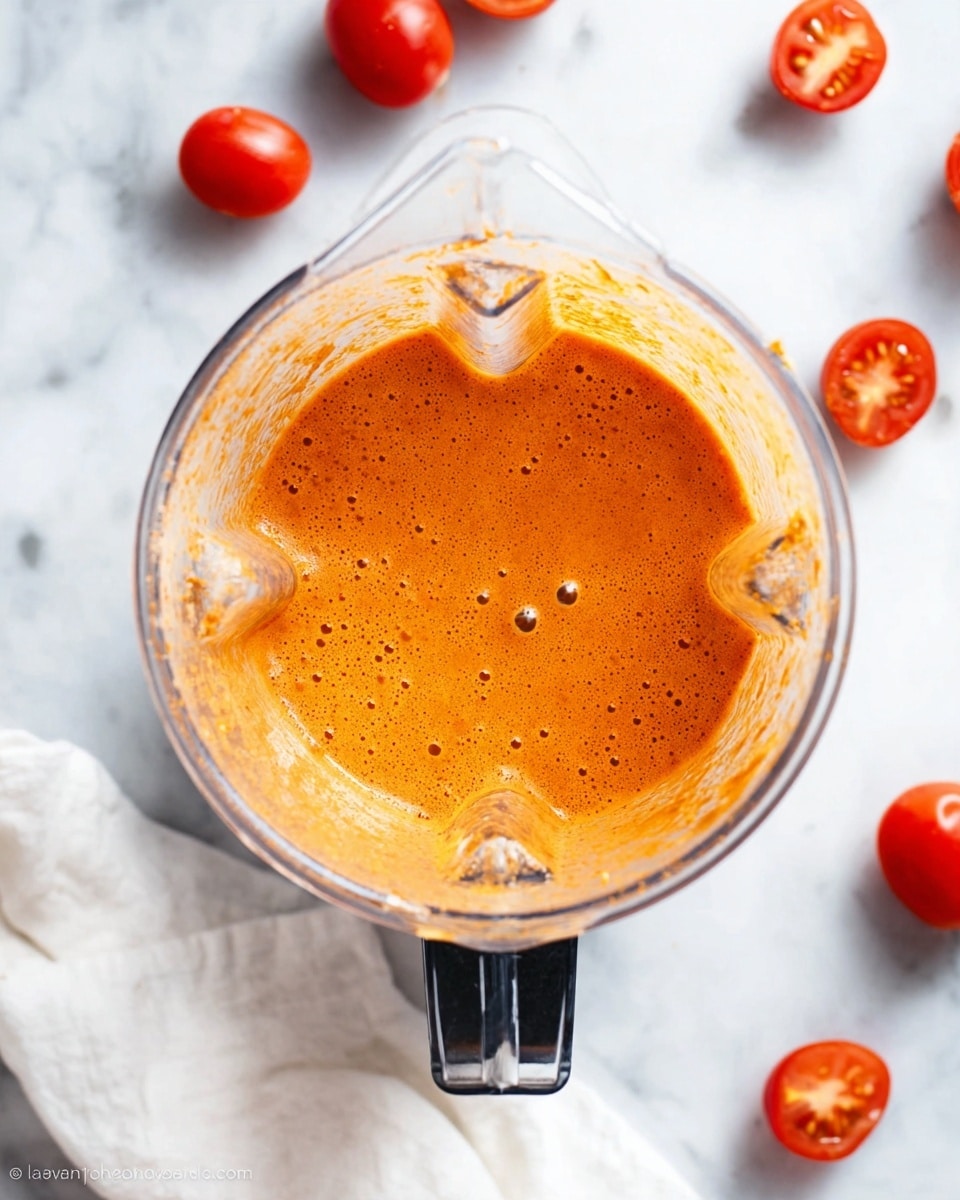 The image shows a blender filled with a thick, smooth orange mixture with small bubbles on the surface, giving it a frothy texture. The blender container is clear, showing the rich orange blend inside, with some residue on the sides. It is placed on a white marbled surface, around which some whole and sliced red tomatoes are scattered, adding a fresh and colorful contrast to the scene. A white cloth is also partially visible near the blender. photo taken with an iphone --ar 4:5 --v 7