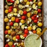 Sheet Pan Veggies and Lentils with Feta and Lemon Parsley Dressing Recipe