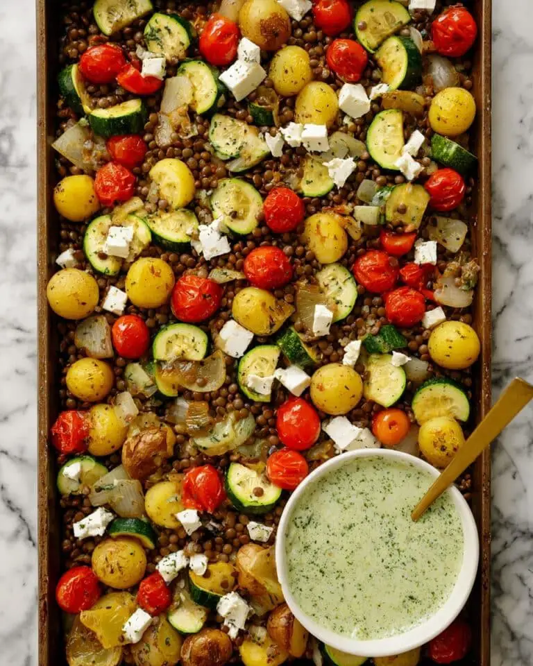 Sheet Pan Veggies and Lentils with Feta and Lemon Parsley Dressing Recipe