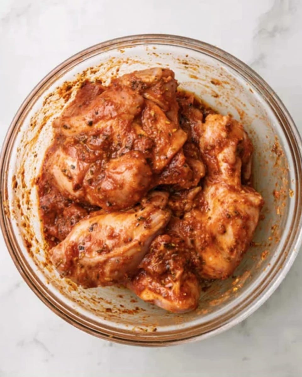 A clear glass bowl sits on a white marbled surface, filled with several pieces of raw chicken coated in a thick, reddish-brown sauce mixed with visible herbs and spices. The chicken pieces vary in size and texture, some smooth and others slightly bumpy with skin, all evenly covered in the marinade. The bowl's interior has splatters of the sauce, showing it was recently mixed. photo taken with an iphone --ar 4:5 --v 7