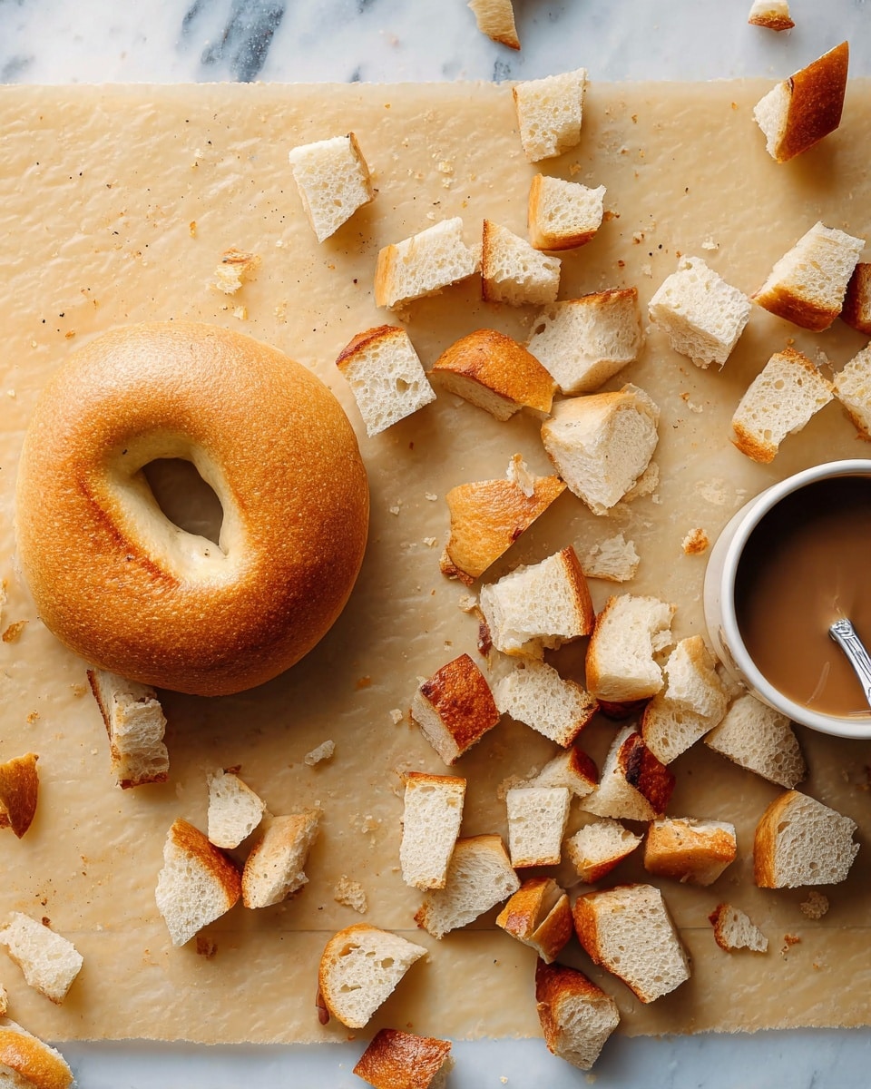 A single plain bagel with a smooth golden-brown top sits on the bottom left side of a sheet of parchment paper, scattered on the rest of the paper are many small pieces of bagel torn into rough squares and triangles, showing a mix of lightly toasted cream-colored inner bread and darker browned bagel crust. To the right edge of the image sits a white cup with a brown liquid inside and a silver spoon resting in it. The background shows a white marbled surface that is clean and bright. Photo taken with an iphone --ar 4:5 --v 7