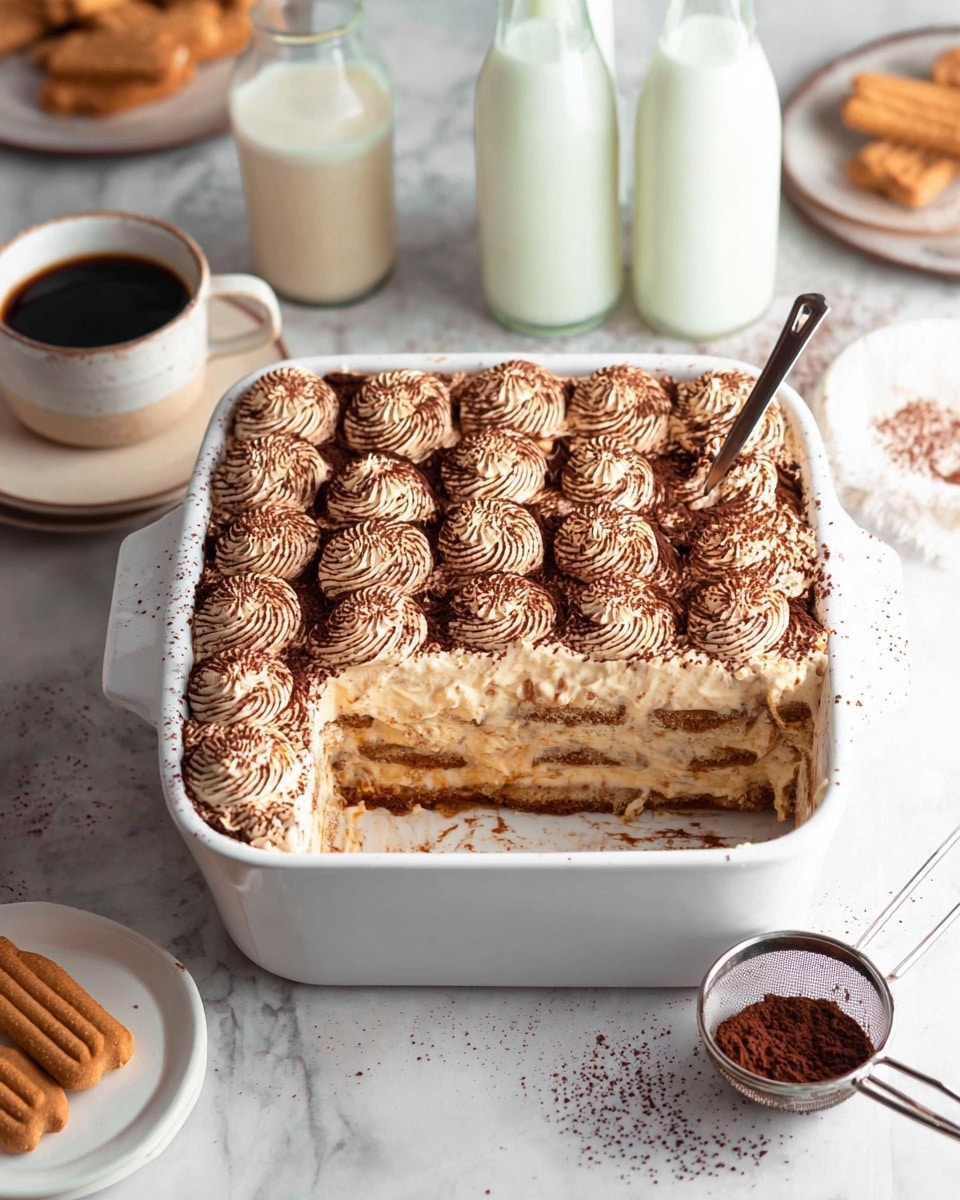 A white square ceramic dish filled with a layered dessert featuring two visible layers: a bottom light brown soaked cake layer and a thick creamy beige middle layer. The top layer is decorated with light brown swirls of cream sprinkled with fine dark brown cocoa powder, arranged evenly in a grid pattern. One corner of the dessert has a piece missing, showing the texture and layers inside. The dish is placed on a white marbled surface with a cup of dark black coffee, two glass bottles of white milk, ladyfinger biscuits, and a small white plate with cocoa powder in a small sieve nearby. Photo taken with an iphone --ar 4:5 --v 7