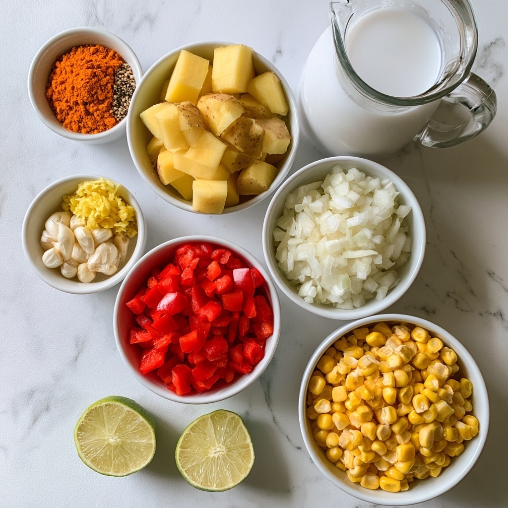 The image shows nine white bowls and one clear glass pitcher arranged on a white marbled surface. Starting from the top right is the first layer, a clear glass pitcher filled with white coconut milk. To the left of it, in the second layer, there is a small white bowl with bright orange turmeric, black and white pepper spices. Next to it on the left is a medium white bowl with cubed pale yellow potatoes with skin. Below the potatoes bowl is a small white bowl with minced yellow ginger. To the left of the ginger bowl is a small white bowl with minced white garlic. Below the garlic bowl is a medium white bowl filled with bright red chopped bell pepper. Directly below the coconut milk bowl is a medium white bowl full of finely chopped white onion pieces. On the bottom right is a large white bowl filled with yellow corn kernels. Next to the corn bowl, on the bottom left, are two halved light green lime pieces, one showing the cut side and the other the peel. The ingredients are neatly arranged and labeled in turquoise with white text in a clear and simple font. Photo taken with an iphone --ar 4:5 --v 7