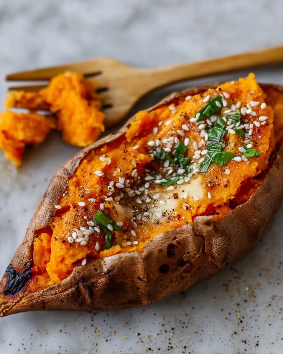 The image shows one baked sweet potato, sliced in half with the inside softly scooped out and some placed on a wooden fork to the side. The sweet potato has a dark brown, crisp skin on the outside. The soft inner layer is bright orange with a smooth, mashed texture. The top is sprinkled with white sesame seeds and fresh green herb pieces, with some melted butter visible on the surface. There are specks of black pepper scattered across the top. The dish is on a white marbled surface. photo taken with an iphone --ar 4:5 --v 7