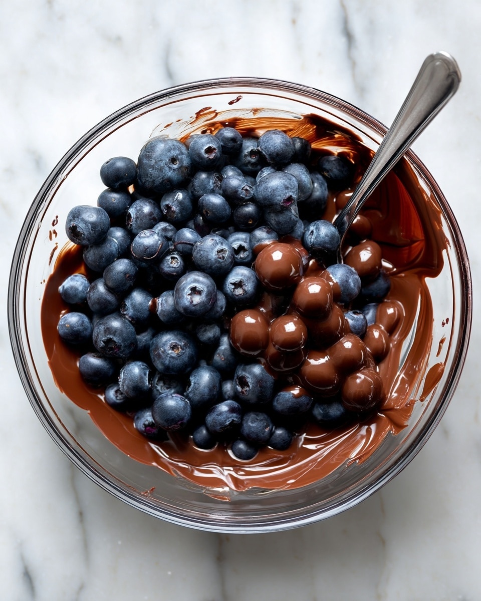 A clear glass bowl sits on a white marbled surface, filled with a mix of dark blue blueberries and smooth, melted dark brown chocolate. The blueberries are piled in the center and some are coated with the shiny chocolate, which has been spread unevenly around the sides of the bowl. A silver spoon rests inside the bowl on the right side, stirring the rich mixture. The colors contrast nicely, with the deep blue of the berries bright against the glossy chocolate and the clean, light background. Photo taken with an iphone --ar 4:5 --v 7