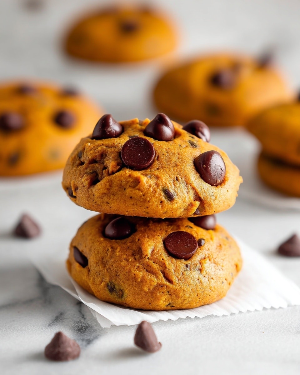 A row of four round chocolate chip cookies is shown on white parchment paper. Each cookie has a golden-brown color and a slightly rough texture, with several large dark chocolate chips on their tops and baked into the dough. The cookies are evenly spaced in a single line, extending from the bottom left corner to the upper center of the image. The surface beneath the parchment paper has a dark brown diamond pattern, and the background is softly blurred to keep the focus on the cookies. Photo taken with an iphone --ar 4:5 --v 7