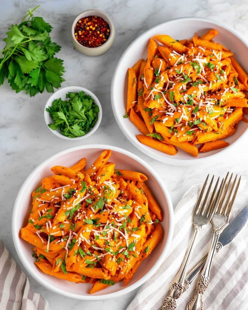 Two white bowls filled with penne pasta covered in bright orange sauce sit on a white marbled surface. Each bowl holds multiple layers of pasta coated evenly with the creamy sauce, sprinkled with white shredded cheese and green fresh parsley leaves. In the background, there are two small white bowls, one with fresh green herbs and the other with red spice flakes. A silver ornate fork and knife rest on the right side near a white cloth with gray stripes. Photo taken with an iphone --ar 4:5 --v 7
