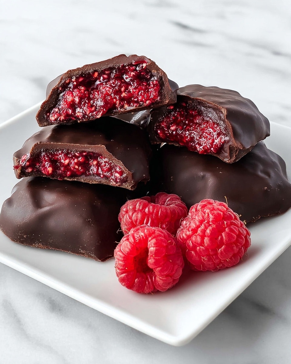 The image shows five dark chocolate pieces on a white square plate placed on a white marbled surface. The chocolate pieces are irregularly shaped with a smooth and glossy texture. Two chocolates are broken, revealing a bright red, textured raspberry filling inside, which looks juicy and full of seeds. Three fresh raspberries are placed beside the chocolates on the plate, adding a pop of vibrant red color. The photo is bright and clear, highlighting the contrast between the rich dark chocolate and the red raspberry filling. Photo taken with an iphone --ar 4:5 --v 7
