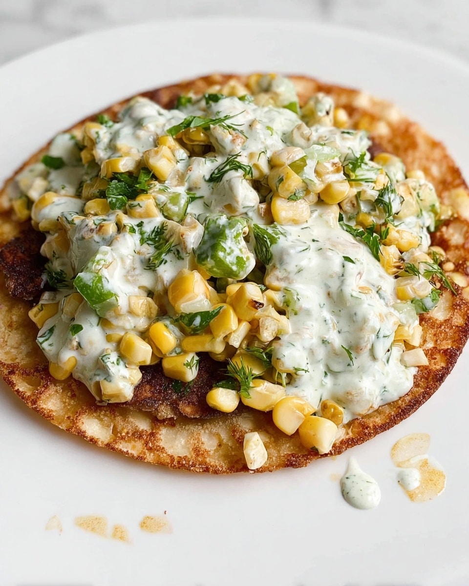 A white plate holds a flat tostada as the base, with a crispy, browned fried layer that has a slightly uneven texture and a golden edge. On top, there is a colorful corn salad mixed with creamy sauce, showing yellow corn kernels, green herbs, and small bits of other vegetables. Over this, a thick layer of white dressing with visible green herbs is spread unevenly, giving a fresh and creamy look. There are small spots of the dressing on the plate near the tostada. The background is a white marbled surface. Photo taken with an iphone --ar 4:5 --v 7