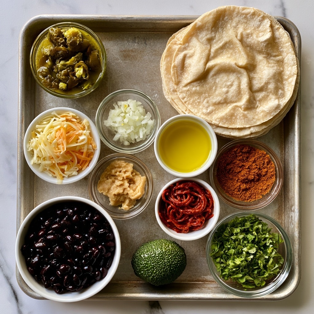 A metal tray holds several bowls and a stack of tortillas arranged neatly. In the top left corner, a small clear bowl contains green chilies with a chunky texture in a yellowish-green sauce. To the right is a stack of light beige tortillas with soft, slightly uneven surfaces. Below the chilies is a white bowl filled with shredded cheese in pale yellow and orange tones. Next to the cheese, a small clear bowl is filled with finely chopped white onion, its pieces small and moist. Beside the onions is a white bowl with bright yellow oil, smooth and glossy. Below are several smaller bowls: one clear with minced garlic in a tan paste form, one white with red tomato paste shaped in thin twisted strings, and another with reddish-brown spices that have a powdery texture. In the bottom left corner, a white bowl holds dark black beans, shiny and plump. To the right of the beans, a clear bowl contains green cilantro leaves, fresh and finely chopped. Near the center bottom, a whole lime with a bright green pebbled skin is placed on the tray. The entire setup is on a white marbled surface. Photo taken with an iphone --ar 4:5 --v 7