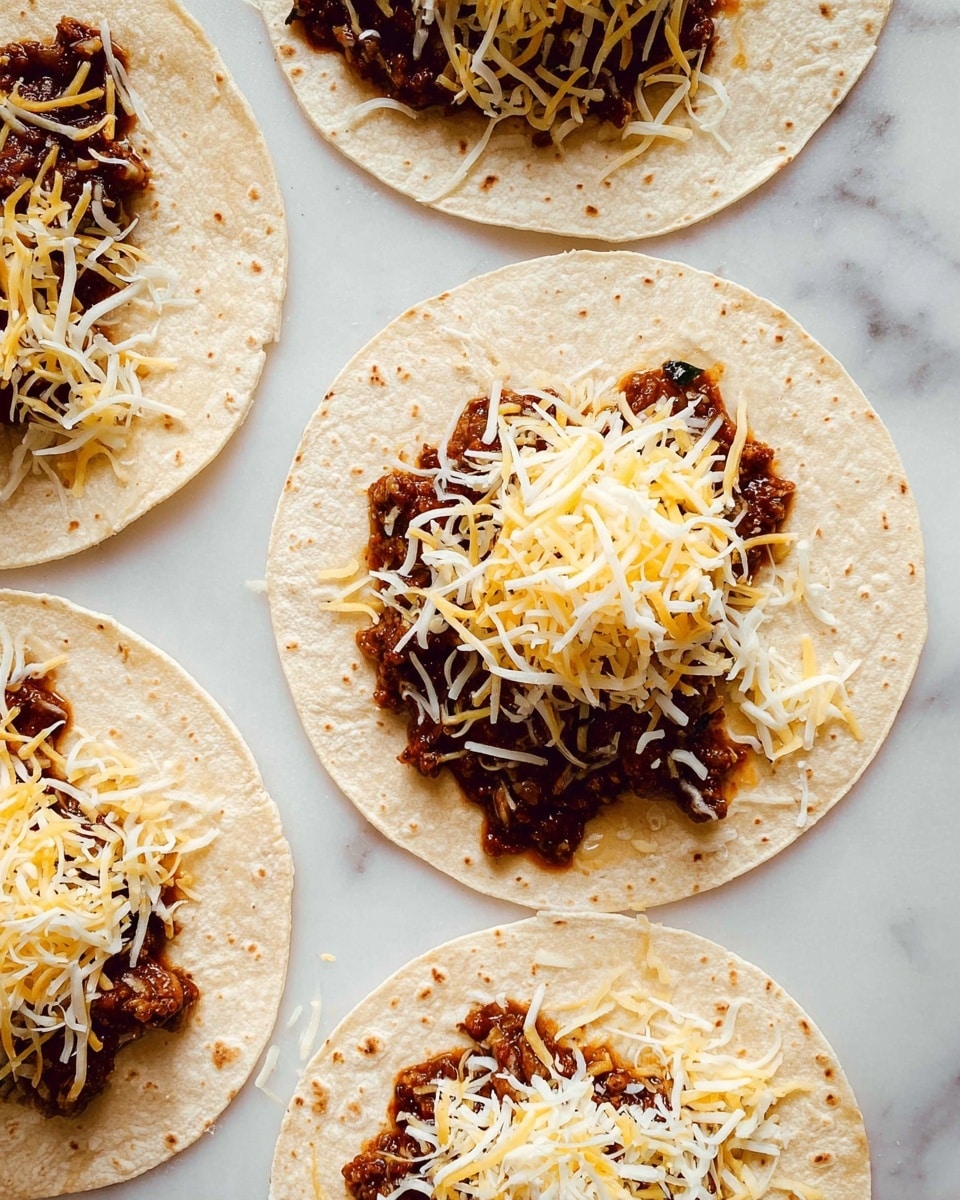 There are four soft, pale white corn tortillas laid out on a white marbled surface, each topped with a layer of dark brown chili meat mix that has small bits of green herbs and onions visible. Over the chili, there is a generous layer of shredded cheese, a mix of white and light yellow strands, scattered unevenly and spreading a bit beyond the edges of the chili layer. The tortillas have a slightly rough texture and the cheese appears fresh and uncooked. Photo taken with an iphone --ar 4:5 --v 7