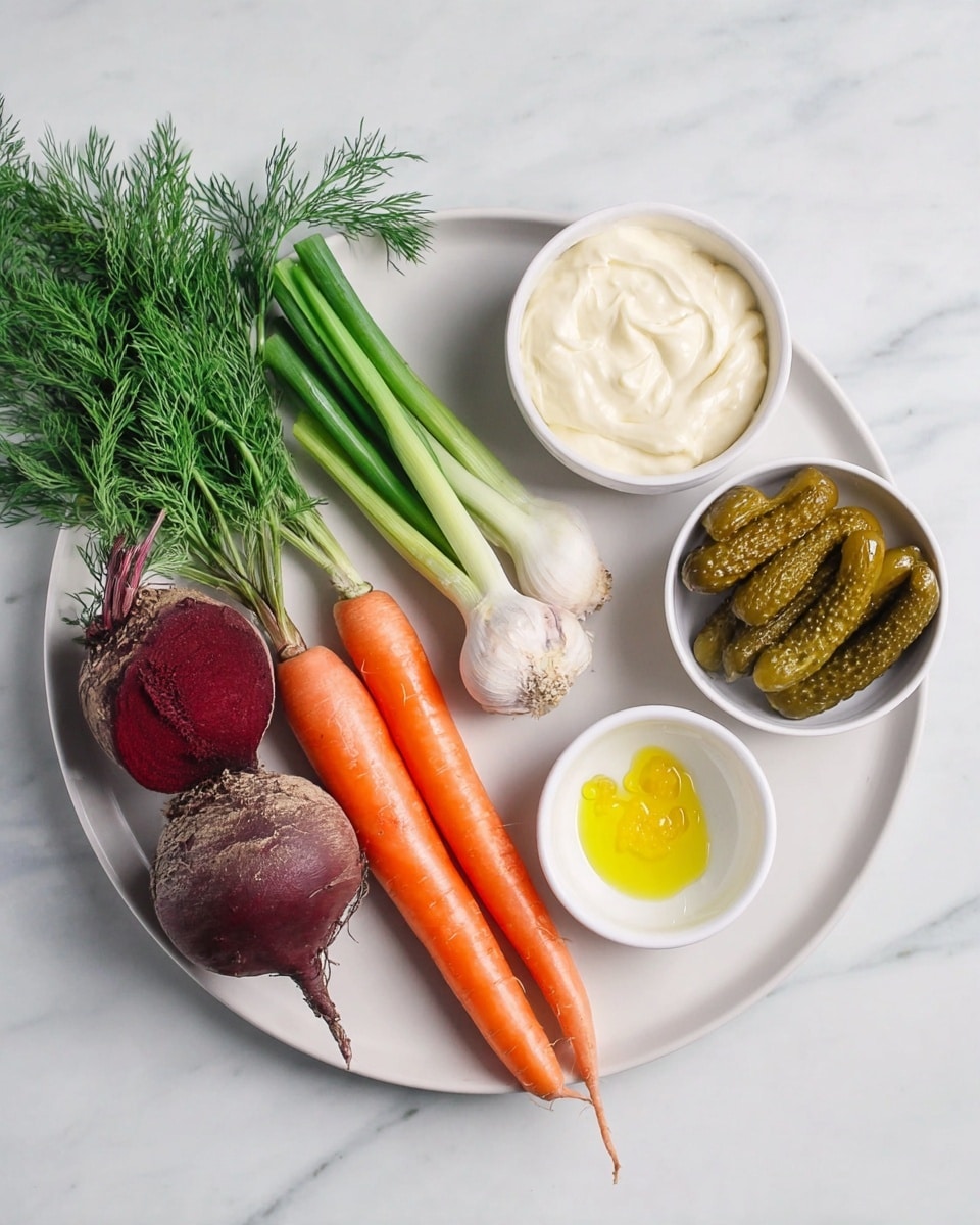 The image shows a white plate with two whole carrots, two unpeeled beets, a bunch of fresh dill, green onions, and two cloves of garlic arranged neatly. Around the plate, there are three small white bowls: one filled with creamy white mayonnaise, one containing a small dollop of yellow mustard, and a third holding several green pickles. The setup is on a white marbled surface. photo taken with an iphone --ar 4:5 --v 7