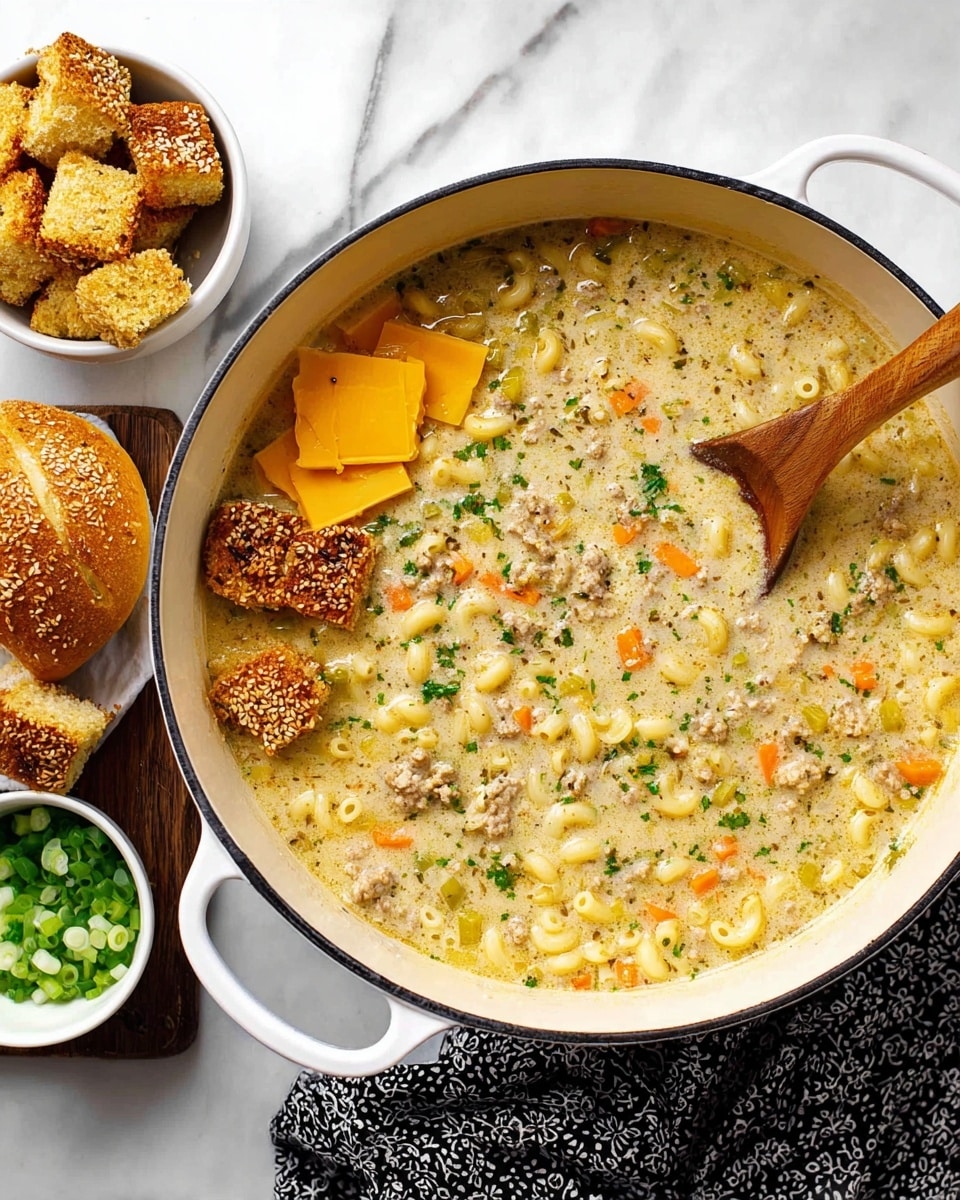 A large white pot filled with creamy soup that has small elbow macaroni, ground meat, and tiny orange carrot pieces evenly mixed inside. The soup is light yellow with green herbs visible throughout. On top, there are slices of bright yellow cheese arranged in a small stack, golden brown sesame-crusted bread chunks, and pieces of chopped green onion. A wooden spoon rests inside the pot, partially submerged. Nearby, a small white bowl holds extra sesame bread pieces, and a smaller white bowl contains more chopped green onions. The pot sits on a black and white patterned cloth on a white marbled surface. Photo taken with an iphone --ar 4:5 --v 7