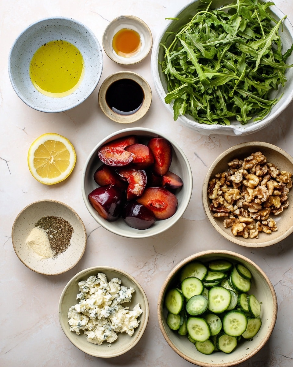 The image shows multiple small white bowls and light brown bowls arranged on a white marbled surface, each holding different colorful ingredients. There is a white bowl filled with bright green arugula leaves at the top right, a white bowl with deep red and purple sliced plums at the center, and a light brown bowl with roughly chopped fresh green cucumbers at the bottom right. To the left, a small white bowl contains olive oil with visible black pepper, and just below it, another small white bowl holds a lemon half with bright yellow flesh. There are smaller light brown and white speckled bowls containing ground seasoning, a light golden honey-like liquid, and a darker balsamic-like sauce scattered around. A light brown bowl near the top left holds light crumbled cheese with blue veins, and another light brown bowl holds walnut halves. The whole setup is clean and bright, with ingredients ready for making a fresh salad or dish, photographed on a white marbled surface. photo taken with an iphone --ar 4:5 --v 7