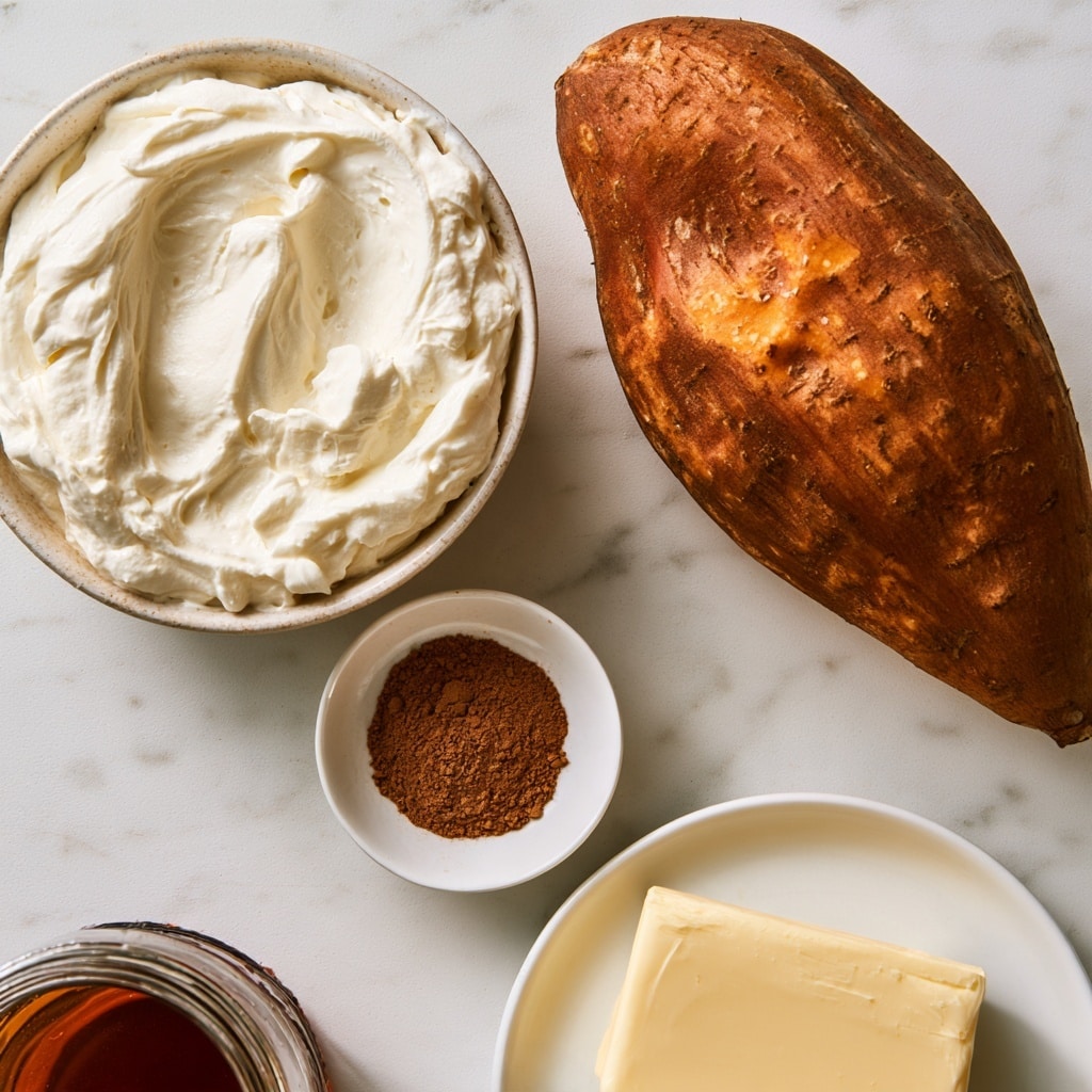 A large, rough-textured sweet potato with a brown-orange skin is placed on the right side on a white marbled surface. To the left, there is a bowl of smooth, creamy white mascarpone with soft peaks showing texture. Below it, a small white bowl holds a fine pile of brown nutmeg powder. At the bottom left, a glass jar filled with dark amber maple syrup is partially visible. On the lower right side, a white plate holds a pale yellow rectangular slab of butter with a smooth surface. All items are arranged neatly with labels above or below each ingredient name in simple black font on white rectangular backgrounds. Photo taken with an iphone --ar 4:5 --v 7