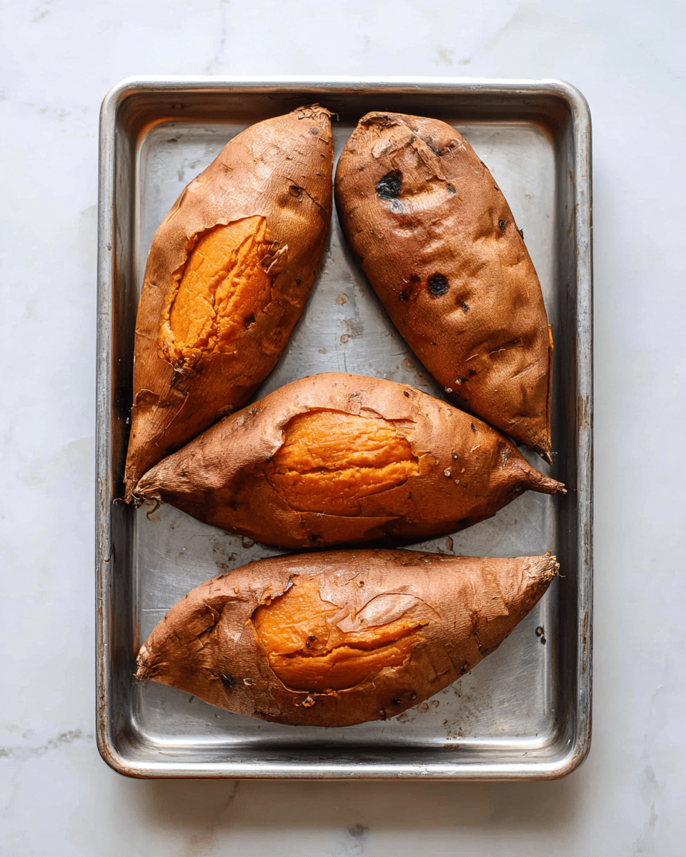 Four baked sweet potatoes with a brown crispy skin and some small cracks and darker spots on their surfaces are arranged in a metal baking tray. The tray sits on a white marbled textured surface. The sweet potatoes have a slightly shiny and textured look from roasting. photo taken with an iphone --ar 4:5 --v 7