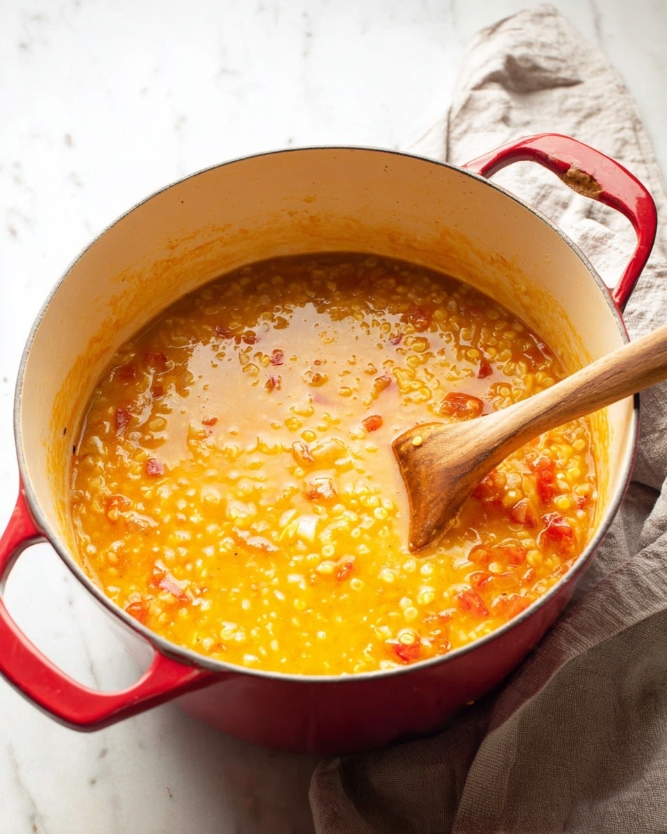 A bright red pot with a white inside filled with a chunky soup showing layers of light yellow grains, soft red tomato pieces, and a creamy orange broth swirling together, stirred by a wooden spoon on the right side of the pot. The pot is placed on a white marbled surface, and a light gray cloth is folded in the upper right corner. The photo is taken with an iphone --ar 4:5 --v 7