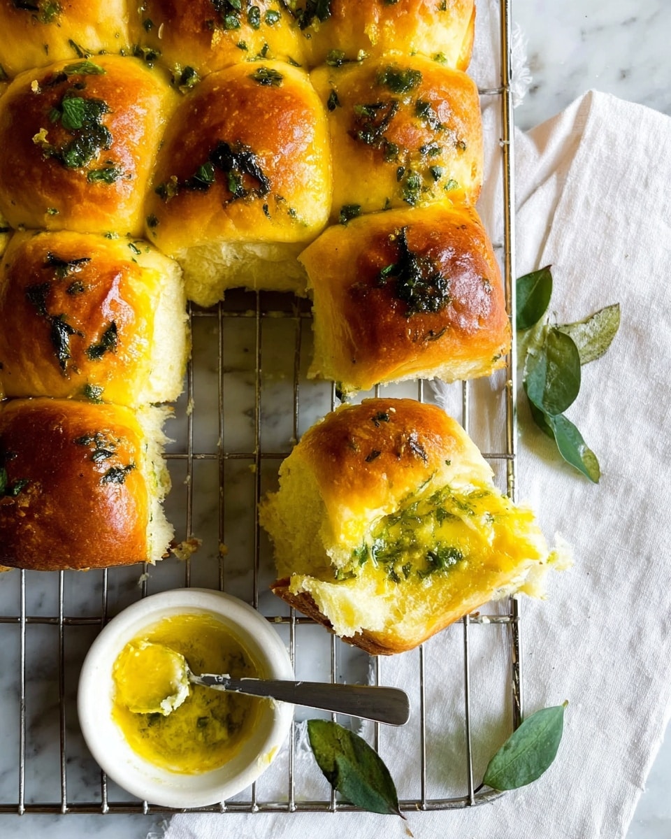 The image shows a pulled-apart golden brown bread on a wire rack over a white marbled surface. The bread is made of nine soft, square rolls with a shiny crust topped with green herbs. One roll is pulled away, revealing a soft, fluffy yellow inside with melted butter and green herbs on it. Below the rack, there is a small white bowl filled with herb butter and a knife resting on it. The scene has a fresh and cozy feel with scattered green leaves adding color contrast. photo taken with an iphone --ar 4:5 --v 7