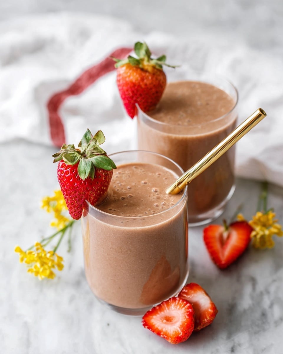 Two clear glasses filled nearly to the top with a smooth light brown smoothie sit on a white marbled surface. Each glass has a shiny gold metal straw angled inward and a fresh, red strawberry with green leaves perched on the rim. Around the glasses, there are a few sliced strawberries showing their bright red inside and small yellow flowers scattered gently. The background is softly blurred with a white cloth that has a red edge visible. photo taken with an iphone --ar 4:5 --v 7