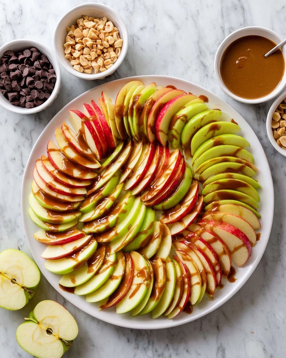 A white round plate filled with three layers of apple slices arranged in a circle, alternating between red and green skins. The apple slices are thin and slightly overlapped at their edges, covering the entire plate. A brown sauce is drizzled over all the apple slices in thin, uneven lines, adding a shiny texture on top. Around the plate on a white marbled surface, there are three small white bowls containing chopped nuts, chocolate chips, and the same brown sauce. A few extra apple slices rest to the side. photo taken with an iphone --ar 4:5 --v 7