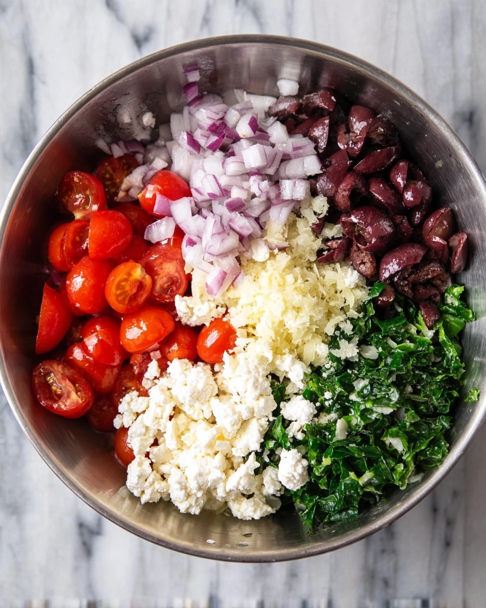 A large metal bowl filled with distinct layers of ingredients arranged in separate piles: white crumbly cheese covering the bottom half, bright red halved cherry tomatoes on the lower left, finely chopped pale purple onions stacked on the upper left, dark purple halved olives on the upper right, finely chopped light yellow garlic scattered in the middle, and cooked deep green leafy vegetables on the lower right. The bowl sits on a white marbled surface. photo taken with an iphone --ar 4:5 --v 7